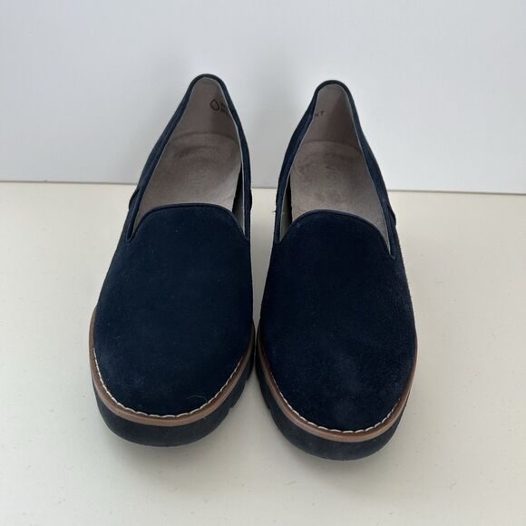 Vionic Willa Wedge Suede Leather Platform Loafers Shoes Womens Sz 8.5 Navy Blue - Picture 3 of 12